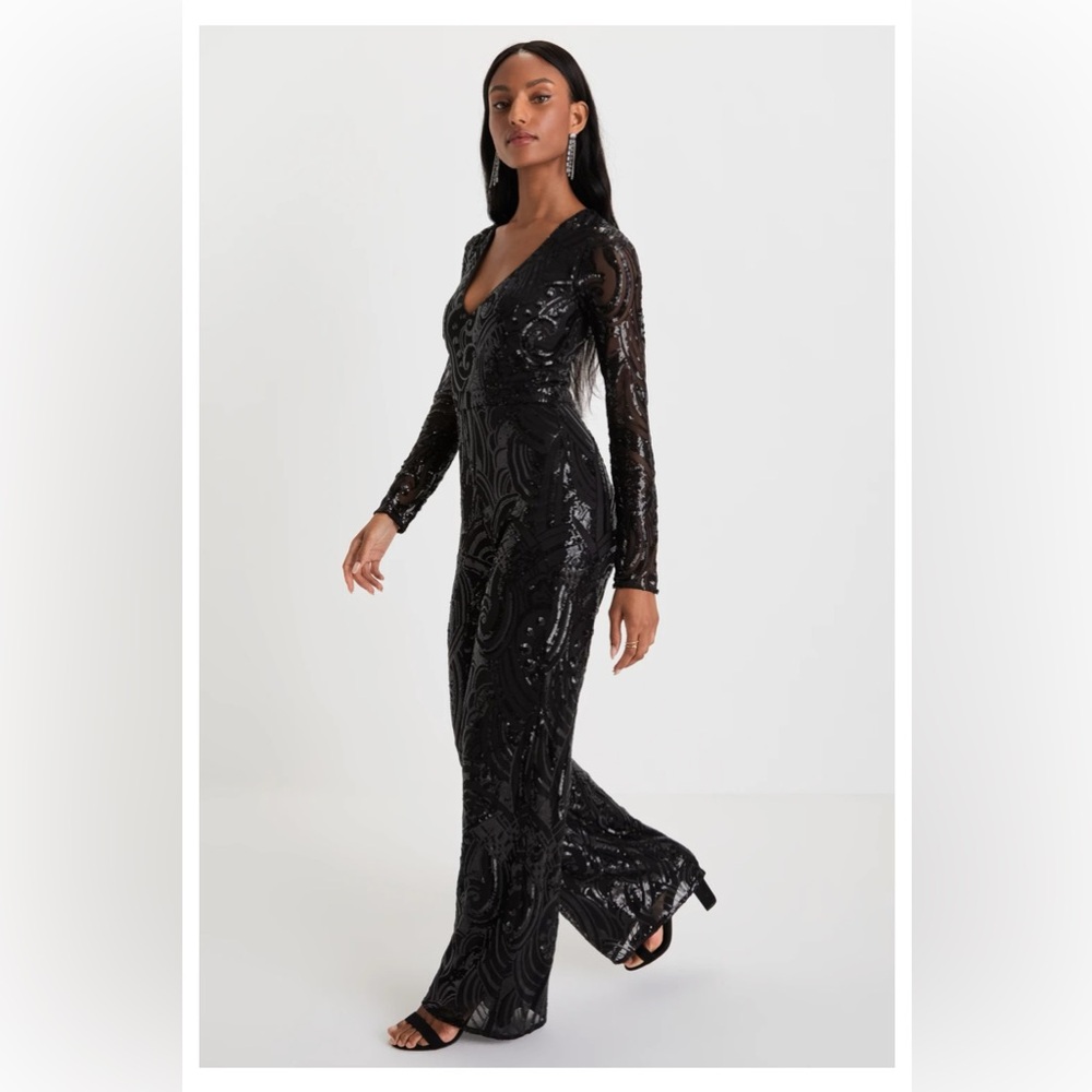 Glamorous Black Sequin Jumpsuit with Long Sleeves and Plunging Neckline - Picture 2 of 4